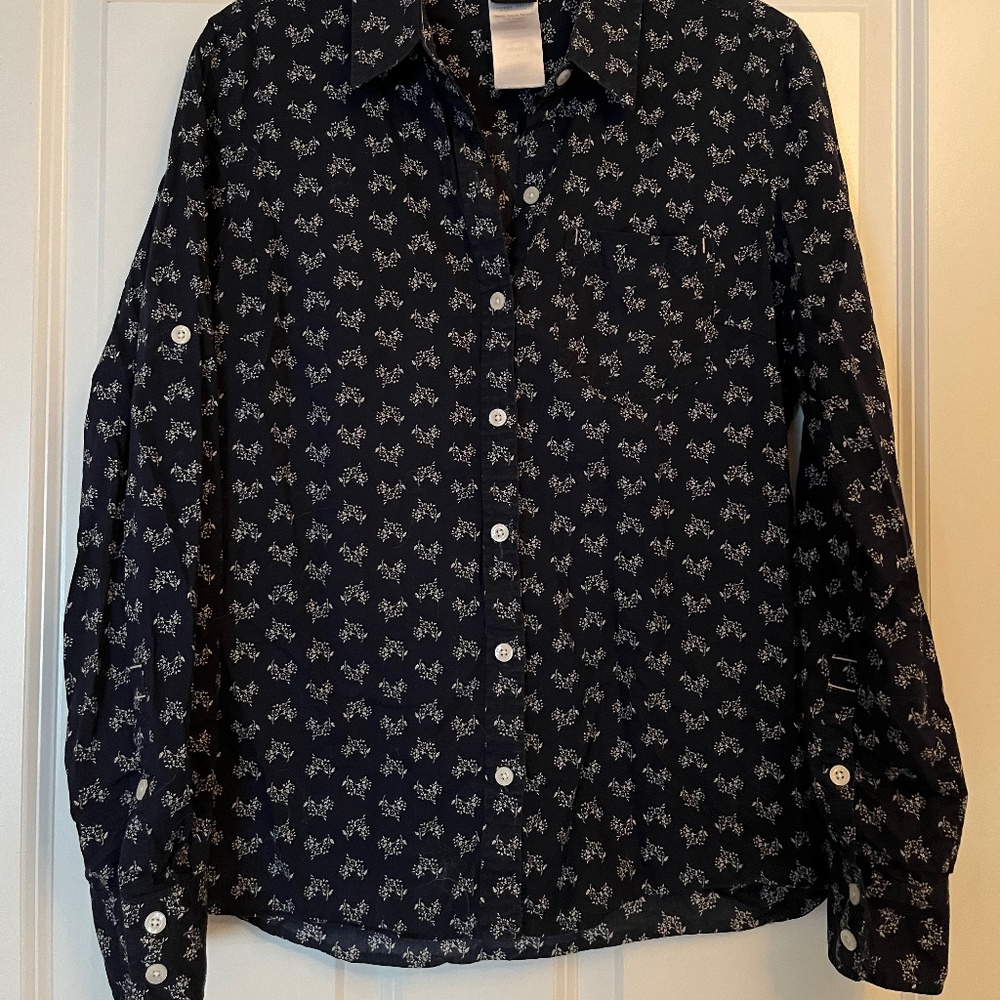 Patagonia Floral Print Button Down Shirt Blouse Organic Cotton Blue Size 4